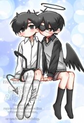  2boys alternate_costume alternate_sleeve_length angel_and_devil angel_wings artist_collaboration asymmetrical_legwear black_eyes black_hair black_halo black_shirt black_shorts black_socks black_wings blue_background blush closed_mouth collarbone collared_shirt commentary_request demon_boy demon_horns demon_tail dot_mouth double-parted_bangs dual_persona empty_eyes expressionless eyebrows_hidden_by_hair eyepatch feathered_wings fingernails full_body grey_shorts hair_behind_ear hair_between_eyes halftone halo heads_together heart heart_eyepatch highres hisaho horns invisible_chair kneehighs knees_together_feet_apart light_particles long_sleeves male_focus multiple_boys no_pupils omori omori_(omori) one_eye_covered outline pale_skin puffy_long_sleeves puffy_sleeves rou_(h_s_sinrin) shirt short_hair shorts simple_background single_kneehigh single_sock single_thighhigh sitting smile socks sunny_(omori) suspender_shorts suspenders sweater_vest tail thigh-highs very_short_hair watermark white_outline white_shirt white_socks white_sweater_vest white_tail white_thighhighs wings 