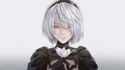  1girl 2b_(nier:automata) absurdres black_dress black_gloves black_hairband blue_eyes cleavage_cutout clothing_cutout commentary dress english_commentary eyelashes flower gloves gradient_background grey_background hairband half-closed_eyes highres holding holding_flower ira_town light_smile lips mole mole_under_mouth nier:automata nier_(series) no_blindfold pink_lips portrait puffy_sleeves short_hair solo white_background white_flower white_hair 