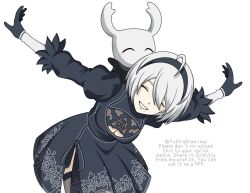  1girl 1other 2b_(nier:automata) ahoge bug cloak commentary dress hollow_knight horns knight_(hollow_knight) mask nier:automata nier_(series) short_hair simple_background smile symbol-only_commentary white_background white_mask yuffie_drawings 