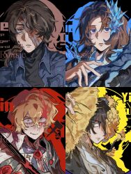  1girl 3boys artist_name bandage_over_one_eye black_hair black_shirt blonde_hair blood blood_in_hair blood_on_face blue_eyes blue_jacket brown_hair character_name chinese_commentary closed_mouth commentary_request constricted_pupils crystal e.g.o_(project_moon) facial_hair facial_mark flower folding_fan g_corp._(identity)_(project_moon) gregor_(project_moon) hair_over_eyes hanbok hand_fan highres holding holding_fan jacket korean_clothes limbus_company long_hair looking_at_viewer mole mole_under_eye multiple_boys n_corp._fanatic_(identity)_(project_moon) one_eye_covered project_moon rime_shank_(e.g.o) rodion_(project_moon) rowsic scarf shirt short_hair sinclair_(project_moon) spicebush_(e.g.o) stubble technology_liberation_alliance_(identity)_(project_moon) turtleneck wax_seal white_hanbok white_shirt yellow_flower yi_sang_(project_moon) 