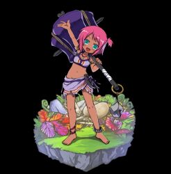  1girl :d anklet aqua_eyes arm_up barefoot bikini bikini_top_only black_background blush bone breasts egg fangs full_body halterneck hammer highres holding holding_hammer huge_weapon ivy jewelry juju_(merc_storia) leaf merc_storia merc_storia_art_team navel official_art one_side_up open_mouth outstretched_arm sash short_hair simple_background small_breasts smile solo standing swimsuit tachi-e v-shaped_eyebrows waving weapon 