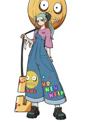  1girl a.b.a bags_under_eyes blush commentary full_body green_eyes green_hair guilty_gear guilty_gear_strive highres key key_in_head long_hair looking_at_viewer nirade44 object_through_head pale_skin paracelsus_(guilty_gear) short_hair stitched_mouth stitches 