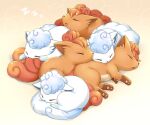  alolan_vulpix animal_focus closed_eyes covered_mouth drooling full_body gradient gradient_background kemonomichi_(blue_black) lying lying_on_another mouth_drool no_humans on_side open_mouth orange_background pokemon pokemon_(creature) sleeping vulpix yellow_background zzz 