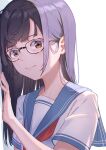  1girl bangs black_hair blue_sailor_collar brown_eyes chinese_commentary closed_mouth commentary_request glasses highres looking_at_viewer neckerchief original red_neckerchief sailor_collar school_uniform short_hair short_sleeves simple_background smile solo upper_body white_background yidie 