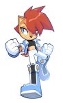  1girl alternate_costume alternate_hairstyle bangs blue_eyes blue_jacket boots brown_fur clenched_hands drawloverlala eyelashes full_body gloves highres jacket midriff pants redhead sally_acorn short_hair smile solo sonic_(series) tail transparent_background white_gloves white_pants 
