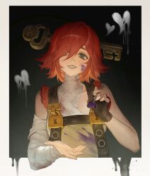  1girl a.b.a absurdres bandages bare_shoulders border commentary feeding guilty_gear guilty_gear_xx hair_between_eyes hair_over_one_eye heart highres holding holding_spoon incoming_food key_in_head looking_at_viewer medium_hair object_through_head parted_lips ringed_eyes slime_(substance) solo spoon suribbon suspenders white_border 