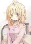  1girl ahoge aoki_ume bed blonde_hair blush brown_eyes buttons character_request check_character check_copyright closed_mouth commentary_request copyright_request hair_over_eyes indoors long_hair original pajamas pillow pink_pajamas sitting solo upper_body v_arms 