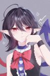  1girl :/ absurdres ahoge anger_vein asymmetrical_wings bangs black_hair blue_wings bow bowtie center_frills frills grey_background hair_between_eyes hand_on_own_face heart highres houjuu_nue looking_at_viewer medium_hair mizore_arius pointy_ears red_bow red_bowtie red_eyes red_wings simple_background sleeveless smile solo touhou upper_body wings wristband 