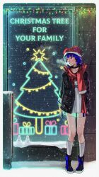  1girl :o absurdres arm_behind_back black_choker black_jacket blue_boots blue_hair blush boots border borrowed_character choker collarbone commentary dress english_commentary english_text full_body garland_(decoration) go!_go!_gris! gris_(go!_go!_gris!) hat highres holding holding_phone jacket kobi420 long_sleeves looking_up neon_lights open_clothes open_jacket outdoors phone red_eyes red_hat red_scarf scarf short_hair snow snowing socks solo standing steam_from_mouth white_border white_dress white_socks window 