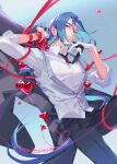  1boy arms_up black_necktie black_pants blue_hair collared_shirt cowboy_shot gloves heart highres long_hair long_sleeves necktie pants parted_lips red_ribbon ribbon shirt solo suncle the_legend_of_luo_xiaohei very_long_hair white_gloves white_shirt wuxian_(the_legend_of_luoxiaohei) 