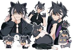  >_< ... 1boy :d ;3 =_= animal_ears animal_on_shoulder arm_up baby_bottle black_cat black_coat black_gloves black_hair black_pants black_shirt black_vest blush bottle buttons cat chibi chibi_inset claireiosity claw_pose closed_mouth coat commentary crying double-breasted ears_down english_commentary evil_grin evil_smile flower_symbol full_body fur-trimmed_coat fur_trim gloves grey_cat grin hair_between_eyes half_gloves head_rest highres holostars hugging_own_tail hugging_tail jackal_boy jackal_ears jackal_tail kageyama_shien kageyama_shien_(1st_costume) koyama_(kageyama_shien) l_hand long_sleeves looking_at_viewer male_focus multicolored_hair multiple_views nakayama_(kageyama_shien) necktie nekoyama_shien one_eye_closed open_clothes open_coat outline pacifier pants pointing riding shaded_face shirt short_hair simple_background sitting sleeves_rolled_up slit_pupils smile socks sparkle spoken_ellipsis spoken_food stole t-shirt tail two-tone_hair vest virtual_youtuber wariza white_background white_hair white_necktie white_outline white_shirt white_socks yellow_eyes 