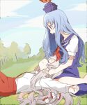  2girls bangs blue_dress blue_hair blue_sky bow closed_eyes closed_mouth clouds dress from_side fujiwara_no_mokou grey_hair hair_bow kamishirasawa_keine long_hair looking_at_another lying multiple_bows multiple_girls neckerchief on_back open_mouth outdoors red_eyes red_neckerchief sasaki_sakiko shirt sitting sky smile suspenders touhou white_shirt 