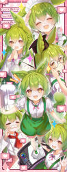  1girl :d ^_^ absurdres adjusting_eyewear apron black_hat blush bow bowtie brown_eyes chef chef_hat clip_studio_paint closed_eyes collared_shirt commentary_request emoticon fake_facial_hair fake_mustache frilled_hairband frilled_sleeves frills glasses green_hair green_shoes green_suspenders hairband hat heart highres holding holding_stylus kaomoji kuramoto_beta-carotene maid maid_apron maid_headdress making-of_available mortarboard multiple_views neck_ribbon necktie ojou-sama_zundamon own_hands_together pea_pod pen_tablet pink_bow pink_bowtie pink_ribbon pixelated puffy_shorts puffy_sleeves red_necktie ribbon round_eyewear shirt shoes short_necktie shorts smile sparkle spoken_heart stylus suspender_shorts suspenders voiceroid voicevox white_hat white_headdress white_shirt zundamon 