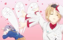  2girls adjusting_hair arasap brown_hair closed_eyes fingerless_gloves glasses gloves grey_hair hair_ornament hairpin hashtag-only_commentary heaven_burns_red highres izumi_yuki_(heaven_burns_red) kayamori_ruka meme multiple_girls naoya_hitting_choso_without_looking_(meme) school_uniform short_hair suit 