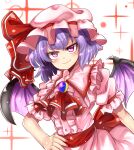  1girl absurdres bat_wings blush closed_mouth fang fang_out fingernails hand_on_hip hat highres looking_at_viewer mob_cap norori pink_eyes puffy_short_sleeves puffy_sleeves purple_hair remilia_scarlet sharp_fingernails short_sleeves slit_pupils smile solo touhou upper_body wings 