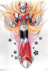  1boy android armor aura blonde_hair chest_jewel floating_hair forehead_jewel full_body hashtag-only_commentary helmet hijiriiyaa krita_(medium) long_hair male_focus mega_man_(series) mega_man_x_(series) red_armor red_helmet simple_background solo traditional_media white_background zero_(mega_man) 
