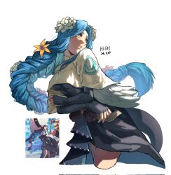  1girl angel_wings artist_name black_dress black_flower blue_hair braid braided_ponytail breasts commentary crop_top crop_top_overhang dated dizzy_(guilty_gear) dress fingerless_gloves flower front_slit gloves guilty_gear guilty_gear_strive hair_flower hair_ornament hashtag-only_commentary highres hilih_0107 long_hair low-tied_long_hair mature_female medium_breasts mother_and_son parted_lips queen_dizzy red_eyes shaded_face sidelocks simple_background sin_kiske skin_tight solo swept_bangs tail white_background white_flower wings yellow_flower 