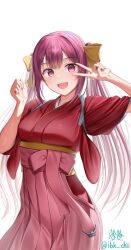  1girl alternate_hairstyle blush bow breasts commentary_request hair_bow hair_ribbon hakama hakama_skirt highres ibk_chii japanese_clothes kamikaze_(kancolle) kantai_collection kimono long_hair looking_at_viewer meiji_schoolgirl_uniform open_mouth pink_hakama purple_hair red_kimono ribbon skirt smile solo twintails twitter_username v violet_eyes white_background yellow_bow 