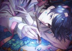  1boy blue_eyes blue_hair charm_(object) closed_mouth commentary confetti highres holding holding_paintbrush kitagawa_yuusuke long_sleeves looking_at_viewer male_focus paintbrush painting_(object) parted_bangs persona persona_5 petals pitdoo shirt smile solo symbol-only_commentary upper_body white_shirt 