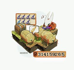  1girl arthropod_girl artist_name barrel beamed_eighth_notes bottle bubble cloak commentary dirt film_grain full_body gameplay_mechanics grass halftone halftone_background heads-up_display hightguy hollow_knight hornet_(hollow_knight) horns isometric musical_note pi_(math) red_cloak simple_background solo speech_bubble spoken_object stardew_valley symbol-only_commentary treasure_chest user_interface white_background wine_bottle 