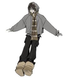  1boy aegyo_sal black_eyes black_pants boots boynextdoor brown_hair brown_scarf cargo_pants closed_mouth full_body fur_boots fur_scarf grey_hoodie highres hood hood_up hoodie invisible_chair jinjeocompote k-pop light_smile looking_down outstretched_arms oversized_clothes pale_skin pants scarf simple_background sitting sleeves_past_wrists solo spread_arms striped_clothes striped_scarf sungho_(boynextdoor) twitter_username two-tone_scarf ugg_boots white_background white_scarf wispy_bangs 