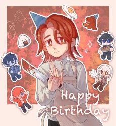 1other 4boys aihara_yuu akinashi_haru apple_pie apron black_hair black_pants blood blood_on_knife blue_eyes brown_cardigan brown_pants cardigan chef chibi chibi_inset creature_and_personification crossover finger_heart food gift happy_birthday harumi_yuu hat highres holding holding_gift holding_knife humanization knife mini_person miniboy multiple_boys onigiri orange_hair original pants party_hat personification pie qinliu_cat red_eyes red_hair saihate_eki tako_(ruuya1124) tatsunami_shion this_game_is_not_real white_hair 