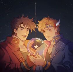  2boys battle_tendency black_shirt blonde_hair blue_jacket brown_eyes brown_hair brown_jacket caesar_anthonio_zeppeli closed_mouth collared_jacket commentary english_commentary facial_mark fingerless_gloves gloves headband highres jacket jojo_no_kimyou_na_bouken joseph_joestar joseph_joestar_(young) kookirani long_sleeves male_focus multiple_boys open_clothes open_jacket open_mouth parted_hair popped_collar scoop_neck shirt sky smile star_(sky) star_(symbol) starry_sky teeth upper_body upper_teeth_only 