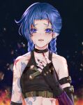  1girl absurdres arcane:_league_of_legends arcane_jinx arm_tattoo bangs bare_shoulders blood blue_hair braid breasts choker closed_mouth cloud_tattoo collarbone crop_top embers fingerless_gloves gloves hand_up highres jinx_(league_of_legends) league_of_legends long_hair looking_at_viewer pants parted_bangs rixiang_chu_tian_jinx sad shoulder_tattoo solo tattoo tears twin_braids twintails 