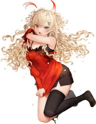  1girl asymmetrical_legwear bad_link black_skirt black_thighhighs blonde_hair burnt_clothes clothes_tug detached_horns full_body grey_eyes horns hoshiakari_(c2_kikan) kantai_collection looking_at_viewer minneapolis_(kancolle) minneapolis_(setsubun)_(kancolle) off-shoulder_sweater off_shoulder official_art red_sweater skirt smile solo standing sweater sweater_tug thigh-highs torn_clothes transparent_background two_side_up uneven_legwear wavy_hair 