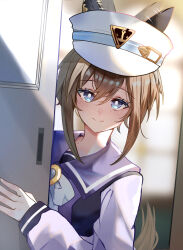  1girl animal_ears bimmy blue_eyes blurry blurry_background blush bow bowtie bright_pupils brown_hair brown_tail cheval_grand_(umamusume) closed_mouth commentary ear_covers hair_between_eyes hat highres horse_ears horse_girl horse_tail indoors long_sleeves looking_at_viewer multicolored_hair peeking_out purple_sailor_collar sailor_collar sailor_shirt school_uniform shirt short_hair short_hair_with_long_locks sidelocks sliding_doors smile solo streaked_hair tail tracen_school_uniform umamusume white_background white_bow white_bowtie white_hat white_pupils white_streaks 
