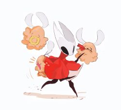  1girl :3 arthropod_girl artist_name chakram cloak flea_(hollow_knight) full_body highres hightguy holding holding_map hollow_eyes hollow_knight hollow_knight:_silksong hornet_(hollow_knight) horns map notice_lines open_mouth red_cloak shadow simple_background standing standing_on_one_leg walking weapon weapon_in_mouth white_background 