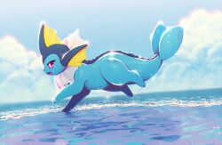  :o bloom blue_sky blue_theme bright_pupils clouds commentary cumulonimbus_cloud day english_commentary from_side full_body glint highres no_humans open_mouth outdoors pokemon pokemon_(creature) pokemon_focus profile protodesu running shore sky solo sparkle sunlight v-shaped_eyes vaporeon wet white_pupils 