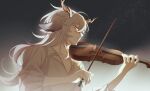1boy absurdres animal_ears arknights bangs black_background closed_eyes collared_shirt goat_boy goat_ears goat_horns gradient gradient_background grey_hair heiqi_akw highres horns instrument kreide_(arknights) long_hair long_sleeves music parted_lips playing_instrument shirt smile solo violin white_background white_shirt