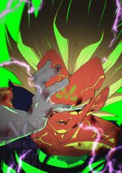  1boy blue_bodysuit bodysuit commentary_request dragon_ball dragon_ball_z electricity facial_mark forehead_mark gloves glowing glowing_eyes green_background green_eyes highres majin_vegeta male_focus medium_hair muscular muscular_male simple_background smirk solo spiky_hair stktik09060906 super_saiyan super_saiyan_2 upper_body vegeta white_gloves 