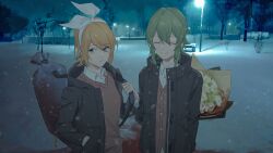  2girls arm_behind_back bag black_jacket blonde_hair blood blood_drip blue_eyes bouquet bow brown_cardigan cardigan carrying_over_shoulder closed_mouth dripping facing_viewer flower green_hair gumi hair_bow hand_in_pocket jacket kagamine_rin lamp looking_at_viewer multiple_girls night outdoors sack smile snow snowing standing upper_body vocaloid white_bow white_flower winter wounds404 