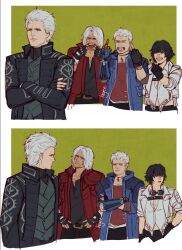  1girl 3boys black_gloves black_hair blue_eyes brothers coat commentary dante_(devil_may_cry) devil_may_cry_(series) devil_may_cry_5 double_middle_finger english_commentary father_and_son fingerless_gloves gloves hair_slicked_back hejee heterochromia highres hood lady_(devil_may_cry) middle_finger multiple_boys nero_(devil_may_cry) red_coat short_hair siblings vergil_(devil_may_cry) white_hair 