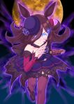  absurdres aura cheesecake_(artist) closed_mouth commentary_request dark detached_sleeves glowing glowing_eyes highres horse_girl long_hair looking_at_viewer moon motion_blur rice_shower_(umamusume) running serious simple_background thigh-highs umamusume violet_eyes 