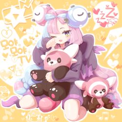  1girl bewear blush_stickers commentary_request commission cosplay heart highres iono_(pokemon) kneeling korean_commentary korean_text long_hair magnemite mismagius mismagius_(cosplay) musical_note one_eye_closed open_mouth pink_hair pokemon pokemon_(creature) pokemon_sv sharp_teeth spoken_zzz stufful teeth translation_request ttrtag zzz 