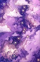 absurdres cloud_focus clouds cloudy_sky commentary cumulonimbus_cloud english_commentary fantasy glowing halo hatching_(texture) highres maria_capelle_frantz monochrome nature night on_cloud original outdoors purple_clouds purple_sky purple_theme scenery silhouette sky sky_focus solo standing star_(sky) star_(symbol) very_wide_shot 