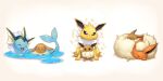  animal_focus brown_background brown_eyes closed_eyes covered_eyes eevee electricity facing_another fins flareon hair_over_eyes highres jolteon kemonomichi_(blue_black) lying lying_on_another no_humans open_mouth partially_submerged pokemon pokemon_(creature) puddle sitting sleeping vaporeon violet_eyes wet 