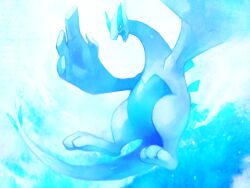  2010 blue_theme commentary_request fuchsia highres lugia open_mouth pokemon pokemon_(creature) simple_background solo tail wings 