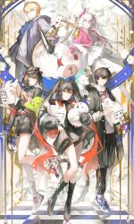  2boys 3girls :d abby_(wuthering_waves) absurdres animal_ear_headwear anko_(renzao19823) badge baggy_pants bare_legs baseball_cap black_boots black_coat black_dress black_hair black_hat black_jacket black_shirt blonde_hair blue_eyes boots brown_jacket button_badge checkered_floor chinese_commentary clothes_writing coat commentary dress earrings female_rover_(wuthering_waves) floral_background flower food_print fruit_print gold_earrings gradient_hair hair_between_eyes hair_ornament hairclip hat headgear highres holding holding_money hood hood_down hooded_coat hooded_jacket hoodie jacket jewelry kuro_games layered_skirt lee_(pgr) liv_(pgr) long_hair looking_at_viewer lucia_(pgr) male_rover_(wuthering_waves) microphone midriff money multicolored_hair multiple_boys multiple_girls navel off_shoulder open_clothes open_coat open_jacket open_mouth pants pink_eyes pink_jacket print_hoodie print_socks punishing:_gray_raven red_eyes red_hair reflective_floor ribbon rose rover_(wuthering_waves) see-through_clothes see-through_footwear shirt shoes short_hair short_shorts shorts skirt sleeves_past_wrists smile sneakers socks strawberry_print streaked_hair stuffed_animal stuffed_frog stuffed_toy stuffed_unicorn t-shirt tacet_mark_(wuthering_waves) teddy_bear tile_floor tiles toy_robot triangle_earrings twintails unicycle very_long_hair white_dress white_flower white_hair white_hoodie white_rose white_shirt white_socks wuthering_waves yellow_eyes 