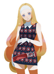  1girl bare_shoulders belt black_dress blonde_hair blue_eyes commentary_request cowboy_shot dress floral_print floral_print_dress gloves headband highres junah_(metaphor:_refantazio) long_hair looking_at_viewer metaphor:_refantazio orange_thighhighs print_dress red_belt remo_reko23 simple_background sleeveless sleeveless_dress thigh-highs white_background white_gloves white_headband zettai_ryouiki 