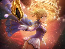  1girl cape chandelier closed_mouth cosplay daiba_nana erik_(phantom_of_the_opera) erik_(phantom_of_the_opera)_(cosplay) eye_mask game_cg gloves green_eyes half_eye_mask long_sleeves looking_at_viewer mask miniskirt motion_blur official_art orange_hair phantom_of_the_opera purple_cape purple_vest shirt short_hair short_twintails shoujo_kageki_revue_starlight shoujo_kageki_revue_starlight_-re_live- skirt solo spotlight standing twintails upper_body vest waistcoat white_gloves white_shirt white_skirt 