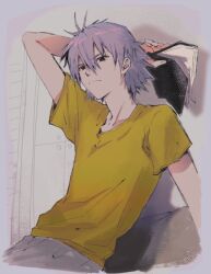  1boy arm_up border brown_eyes closed_mouth commentary_request grey_border grey_hair grey_pants holding holding_notebook male_focus nagisa_kaworu neon_genesis_evangelion notebook pants shirt short_hair solo t-shirt yellow_shirt yorumi1117 