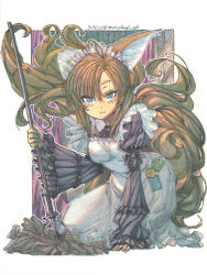  1girl animal_ear_fluff animal_ears apron black_dress blush border brown_hair charm_(object) commentary_request curtains dated dress fingernails fox_ears fox_girl fox_tail frilled_apron frills hair_flowing_over hand_on_floor highres holding holding_mop indoors kneeling leaning_forward long_sleeves looking_at_viewer maid maid_apron maid_headdress making-of_available meiz mop nail_polish original outline painting_(medium) puffy_sleeves red_lips ribbon shikishi signature solo tail traditional_media watercolor_(medium) wavy_hair white_apron white_border white_outline window 