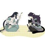  3boys animal_ears black_hair black_tail cat_boy cat_ears cat_tail emilyo259 fake_animal_ears fengxi_(the_legend_of_luoxiaohei) green_eyes highres holding long_hair long_sleeves low-tied_long_hair luoxiaohei male_child multiple_boys profile short_hair sitting tail the_legend_of_luo_xiaohei very_long_hair wuxian_(the_legend_of_luoxiaohei) 
