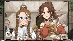  6+girls :d alternate_hairstyle bird blonde_hair blue_eyeshadow blue_ribbon braid brown_eyes brown_hair casual chicken clumsy_nun_(diva) commentary cosmetics diva_(hyxpk) duck english_commentary eyeshadow froggy_nun_(diva) glasses glasses_nun_(diva) green_hairband grey_hair hair_brush hairband hedgehog highres holding holding_lipstick_tube hungry_nun_(diva) lipstick lipstick_tube little_nuns_(diva) long_hair makeup mirror multiple_girls neck_ribbon ponytail ribbon round_eyewear sheep_nun_(diva) smile spicy_nun_(diva) spiky_hair sweater twin_braids wavy_hair white_sweater 