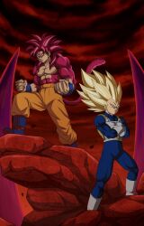  2boys absurdres blonde_hair blue_bodysuit blue_boots blue_wrist_cuffs body_fur bodysuit boots buraku_black clenched_hands commentary_request crossed_arms dragon_ball dragon_ball_daima full_body gloves green_eyes highres male_focus monkey_tail multiple_boys muscular muscular_male no_eyebrows orange_pants pants red_eyes red_fur red_hair red_tail son_goku spiky_hair standing super_saiyan super_saiyan_3 super_saiyan_4 tail vegeta white_boots white_gloves wrist_cuffs 