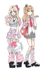  2girls alternate_costume bag bag_bow bandaid bandaid_on_knee bandaid_on_leg bare_shoulders bead_bracelet beads belt black_shoes blonde_hair blush bow bracelet candy clothes_writing collar collarbone commentary facial_mark food gradient_hair green_ribbon grey_skirt gyaru hair_between_eyes hair_ornament hair_ribbon hairclip heart heart_facial_mark heart_hair_ornament heart_necklace high-low_skirt highres holding holding_bag holding_candy holding_food holding_lollipop inda_karane jewelry kedarui_aashii kimi_no_koto_ga_dai_dai_dai_dai_daisuki_na_100-nin_no_kanojo kneehighs kogal lollipop long_hair looking_at_viewer loose_socks mark_under_eye midriff multicolored_hair multiple_girls nail_polish navel necklace necktie orange_hair pink_collar pink_hair pink_nails pleated_skirt red_bow red_necktie ribbon shirt shoes simple_background sketch skirt socks sosii_79 star_(symbol) star_facial_mark star_hair_ornament thigh_strap untucked_shirt white_background 